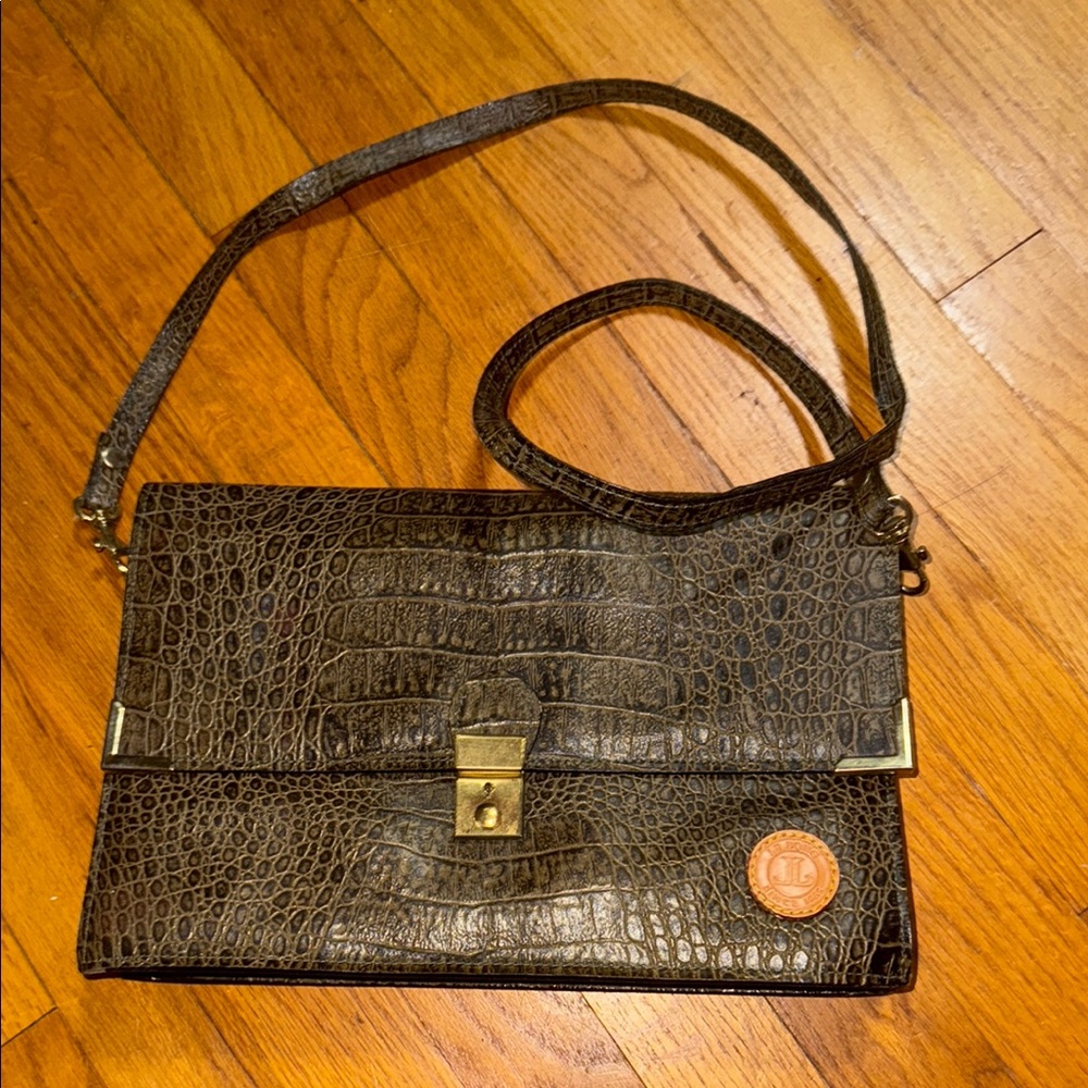 Vintage Le Bong Crocodile Embossed Green/Black Crossbody Bag